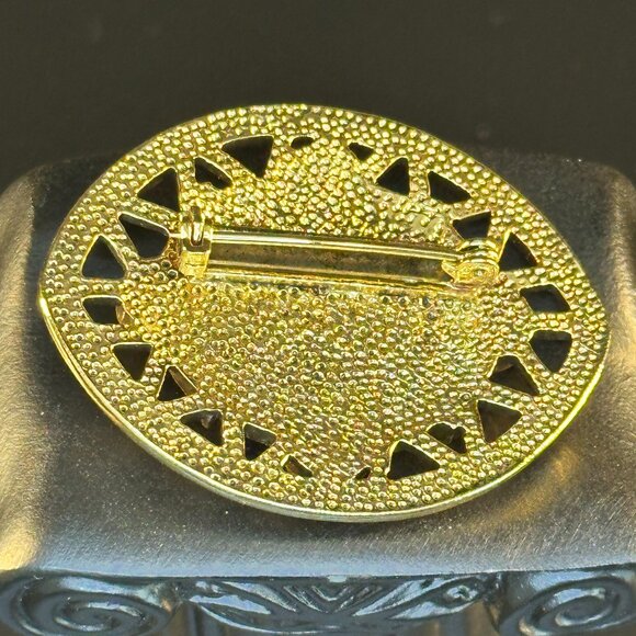 💎 Vintage Gold-Tone Geometric Brooch with Green & Amber Cabochons – Art Deco - Picture 2 of 2